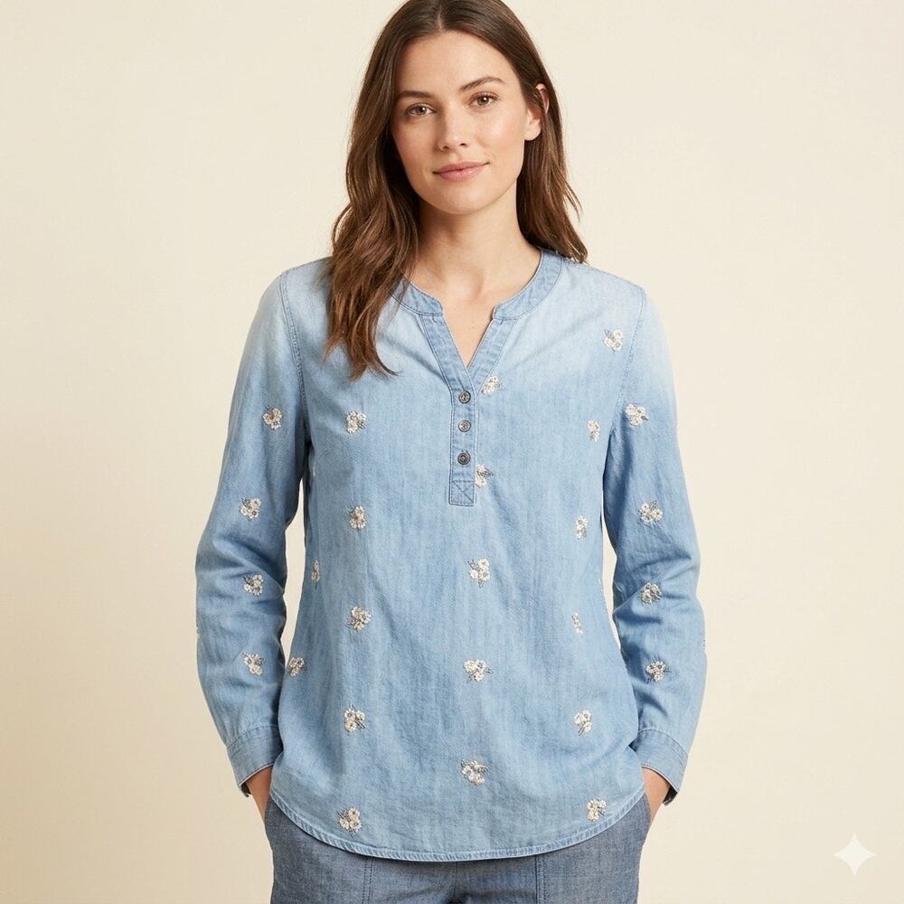 129-Multiples Lyocell /Embroidered Henley Top size S / PTP 20”
